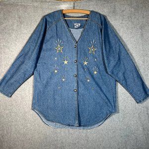 Vintage denim Shirt Womens XL Embroidered Stars Celestial Retro 80s Bingo Bingo